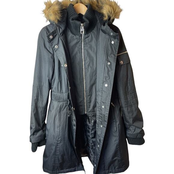 Miss Sixty Black Faux Fur Trim Hood Parka Jacket Women's Size M - Picture 2 of 5